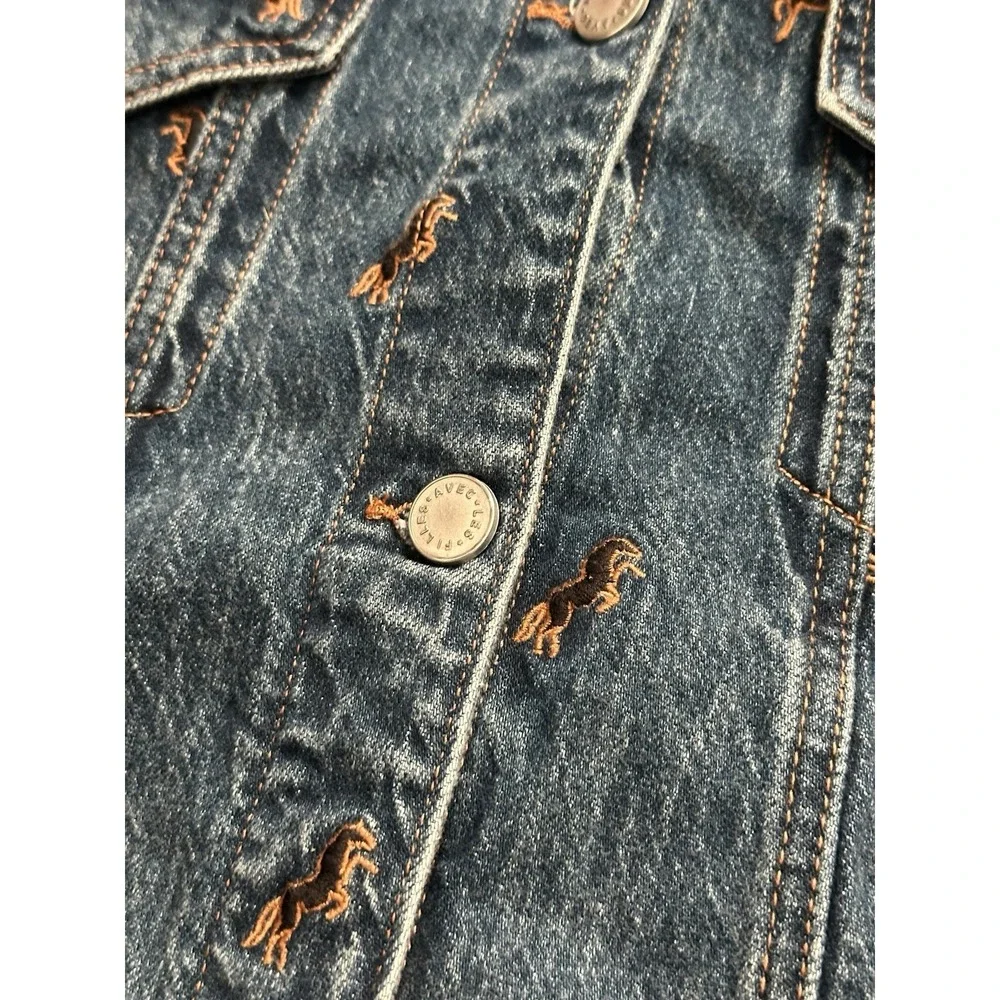 Avec Les Filles Horse Embroidered Denim Trucker Jacket Jean Blue Women's Size L